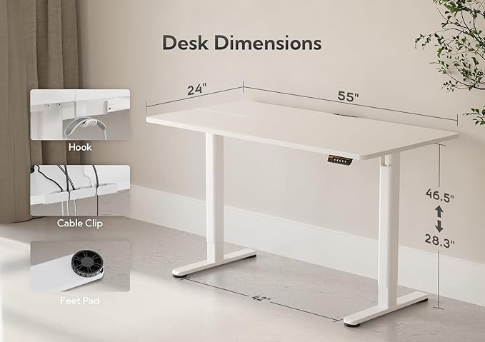 Claiks Electric Standing Desk, Adjustable Height Stand up Desk, 55x24 Inches Sit Stand Home Office Desk with Splice Board, White Frame/White Top