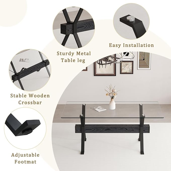Glass Dining Table 71"｜Modern Dining Table for 6｜0.4" Thick Tempered Glass Top｜Matte Black Metal Legs｜Black Crossbar｜Easy Assembly｜Perfect for Dining Room or Kitchen