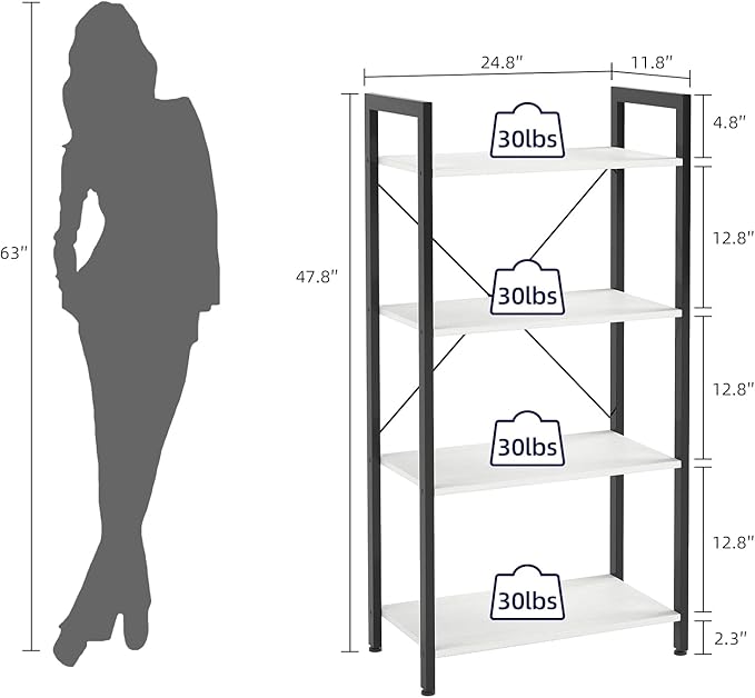 4-Tier Bookshelf, 47.2'' H Ladder Shelf, Industrial Bookcase, Wooden and Metal Storage Rack, Shelving Unit for Living Room Entryway Office, White Book Shelves, 24 * 11.8 * 47.2 inches