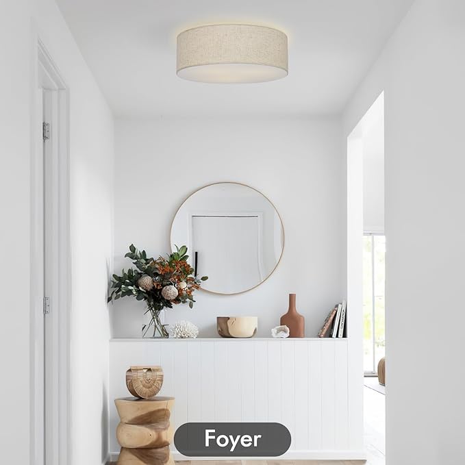 Flush Mount Ceiling Light,16''Modern Close to Ceiling Lamp with Double Linen Fabric Shade,3 Light Semi Flush Mount Ceiling Light Fixture,Farmhouse Drum Light Fixture for Bedroom Living Room