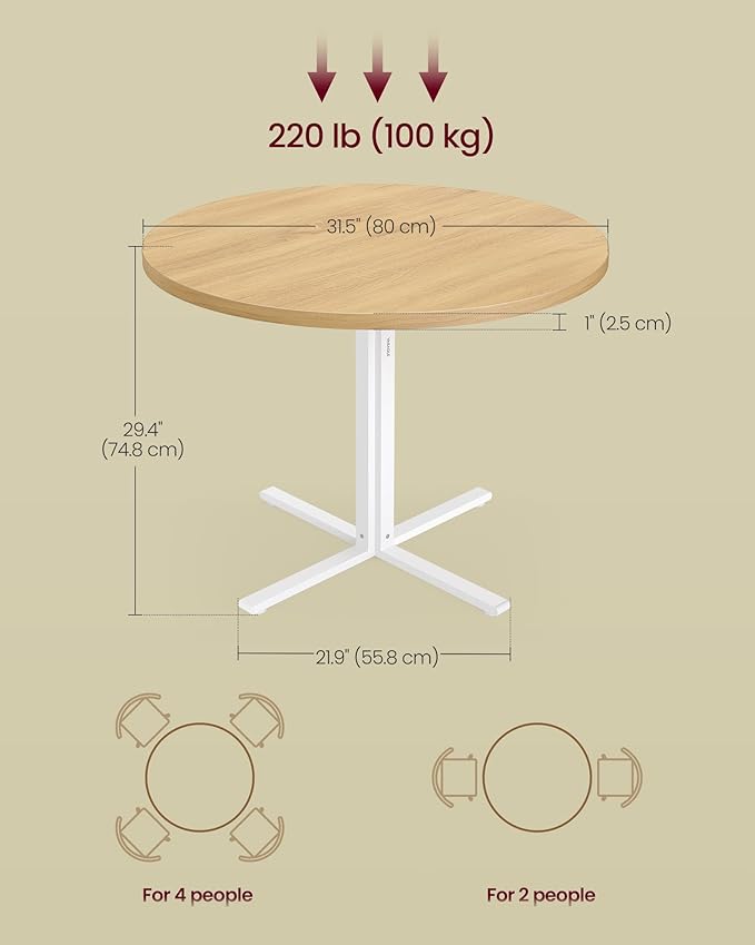 VASAGLE Dining Table, Small Round Kitchen Table for 4 People, 31.5 x 29.4 Inches, for Dining Room, Living Room, Farmhouse, Water-Resistant, Oka Beige UKDT082Y02