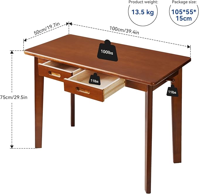 Wood Writing Desk with Drawer and Hanging Rod, Small Computer Desk Table, Work Table, Study Desk, Small Wooden Dining Table Brown YD-WD01H