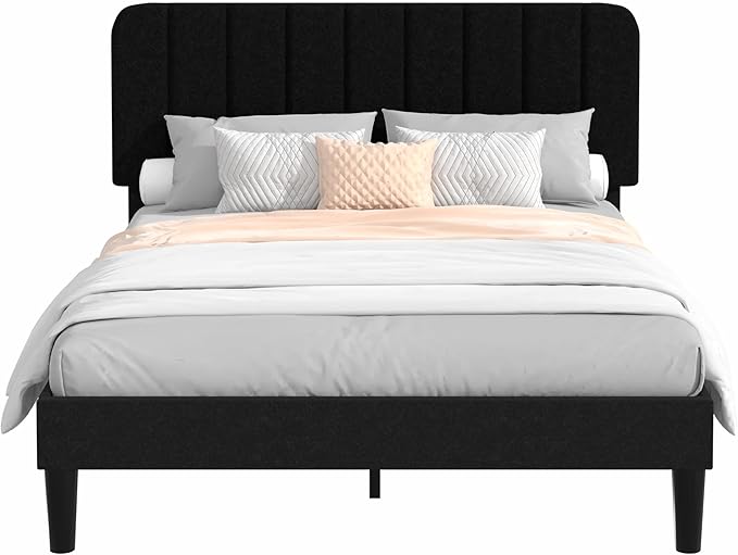 VECELO Queen Size Bed Frame with Upholstered Headboard, Velvet Platform Bedframe Mattress Foundation, Strong Wood Slat Support, No Box Spring Needed,Black