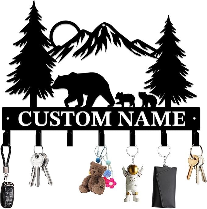 Personalized Custom Name Bear Key Wall Hooks,Metal Bear Keys Clothes Hooks,Metal Bear Wall Home Storage Decorative,For Front Door, Hallway, Kitchen, Bedroom,Keys,Hats (Style I)