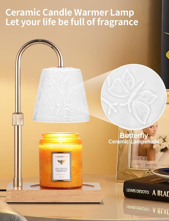 Ceramic Candle Warmer Lamp Dimmable Electric Lamp Candle Warmer for Jar Scented Candles Adjustable Height Mothers Day Birthday Gifts for Women Mom Grandma Offices Home Decor Light(White Butterfly)