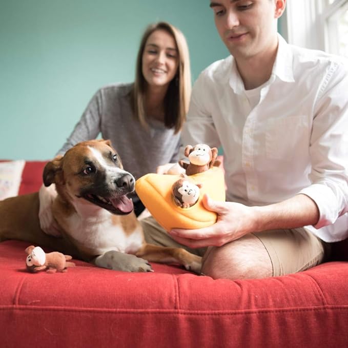 ZippyPaws Burrow- Interactive Dog & Puppy Toys for Boredom, Stimulating Pet Products to Keep them Busy, Hide & Seek Plush Puzzles, Squeaky Toy for Enrichment, For Small & Medium Dogs- Monkey 'n Banana