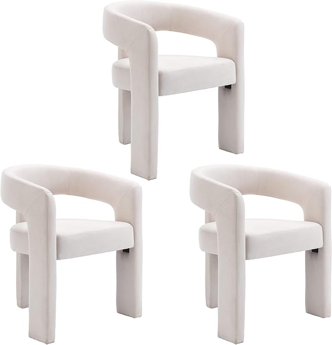 Set of 3 Modern Linen Fabric Upholstered Dining Chairs with Open-Back, Cute Barrel Side Chairs Kitchen Armchair Accent Chairs for Dining Room Bedroom, Ivory