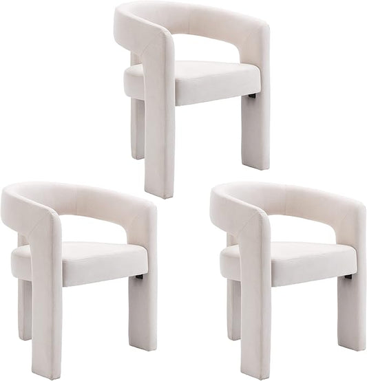 Set of 3 Modern Linen Fabric Upholstered Dining Chairs with Open-Back, Cute Barrel Side Chairs Kitchen Armchair Accent Chairs for Dining Room Bedroom, Ivory