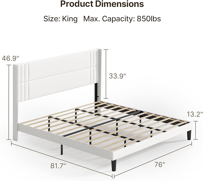 Gizoon King Bed Frame with Wingback Headboard, Upholstered Platform Bed with Modern Geometric Headboard, Wooden Slats, Noise-Free, No Box Spring Needed
