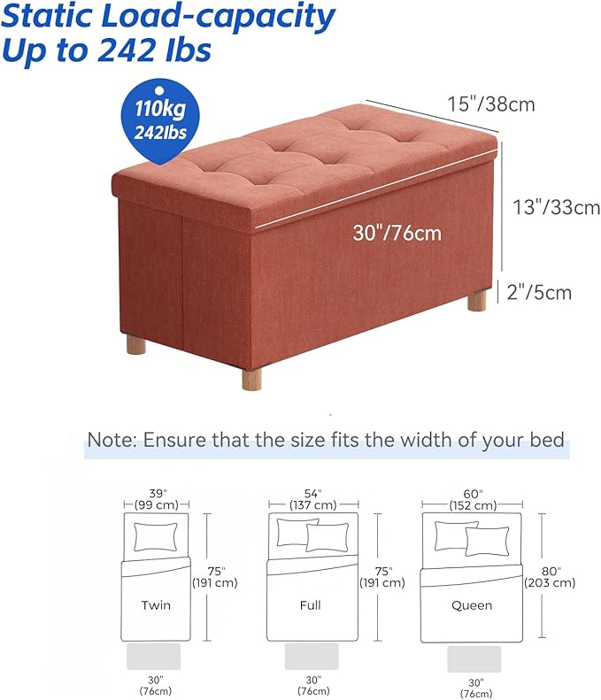 BRIAN & DANY 30 Inches Folding Storage Ottoman Bench, Ottoman with Storage Bench for Bedroom, Living Room, Entryway, Foot Rest with Legs, Orange