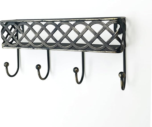 Celtic Knot Key Holder Wall Shelf - Entryway Wall Mounted Organizer with 4 Hooks, Metal Storage for Keys, Wallets, Bags, Hats (Antique Black)