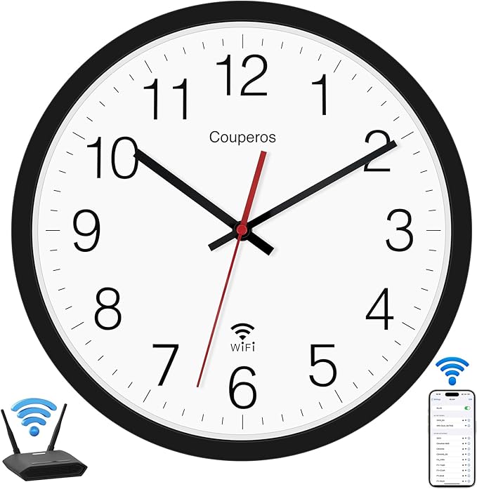 WiFi Wall Clock with Auto-DST, 12 Inch Silent Non-Ticking Round Analog Modern Battery Powered Clock Smart Analog WiFi Clock for Home Kitchen Office Classroom