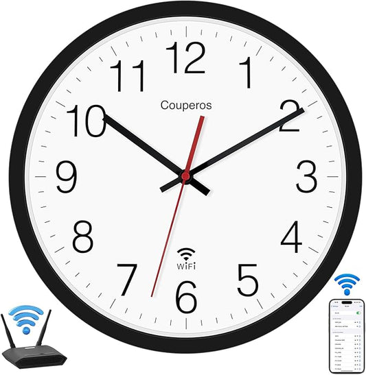 WiFi Wall Clock with Auto-DST, 12 Inch Silent Non-Ticking Round Analog Modern Battery Powered Clock Smart Analog WiFi Clock for Home Kitchen Office Classroom