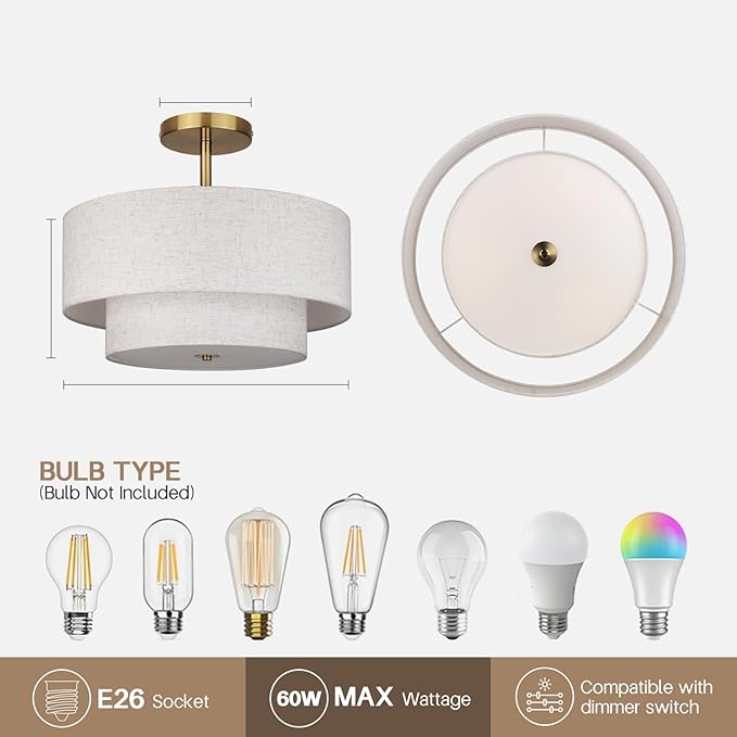 18 Inch Large Semi Flush Mount Ceiling Light Fixture with Dual Drum Design, Gold Farmhouse Fabric Linen Shade for Bedroom, Living Room, Kitchen, and Dining - Modern Chandelier Lamp