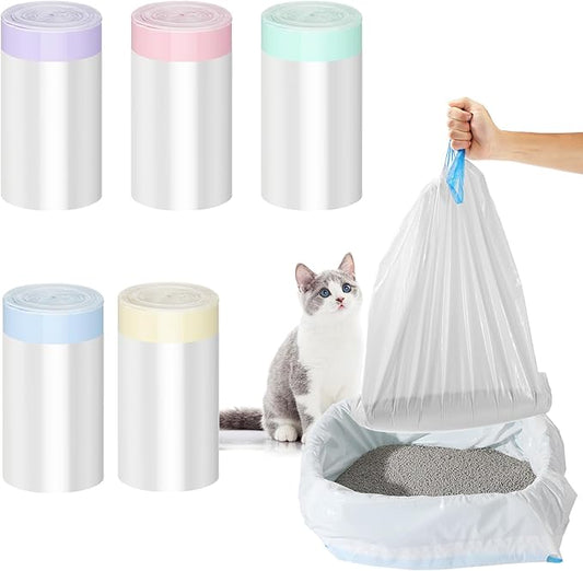 Tinlade 50 Count Jumbo Cat Litter Box Liners Large Drawstring Cat Litter Liners Bags Unscented Tear Resistant for Trash Waste to Keep Your Home Clean(39 x 22 Inch,White, Multicolor)