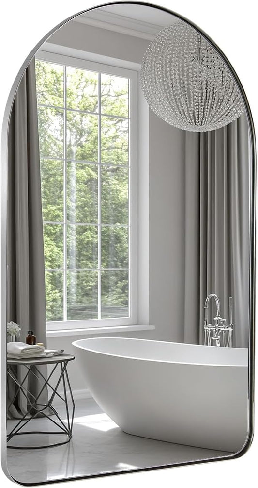 ANDY STAR Chrome Bathroom Mirror, 20" x 30" Arch Mirror in Stainless Steel Metal Frame, Chrome Arched Bathroom Mirror for Wall, Arch Top Rounded Corner 1" Deep Set Design Wall Mount Hangs Vertical