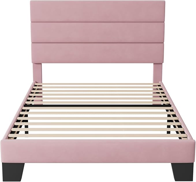 Allewie Twin Size Platform Bed Frame with Velvet Upholstered Headboard and Wooden Slats Support, Fully Upholstered Mattress Foundation/No Box Spring Needed/Easy Assembly, Pink