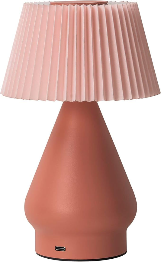 Modern Cordless Table Lamp Rechargeable, Portable LED Desk Lamp,Touch Control 3 Colors Stepless Dimming with Pleated Lampshade for Restaurant, Bedroom, Office,Outdoor Camping, Night Light(Pink)