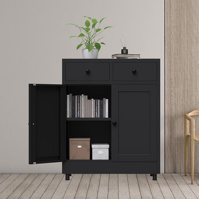 Metal Storage Cabinet with 2 Drawers and Adjustable Shelf, Sideboard Buffet Cabinet for Home, Office, Hallway, Entryway, Living Room, Kitchen Pantry and Dining Room (34.8" H, with Feet, Black)