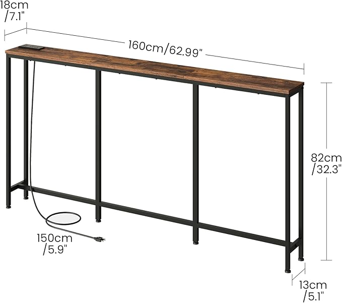 62.99" Narrow Console Table with Power Outlet 7.1" Skinny Sofa Long Behind Couch Table with Charging Station for Hallway, Living Room Rustic Brown and Black TXG16UBF