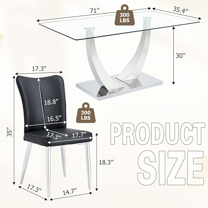 71'' Glass Dining Room Table Set for 6, Kitchen Table Set with 6 PU Leather Chairs, Tempered Glass Dining Table Set with Silver U-Shaped Table Legs and Rectangular Base