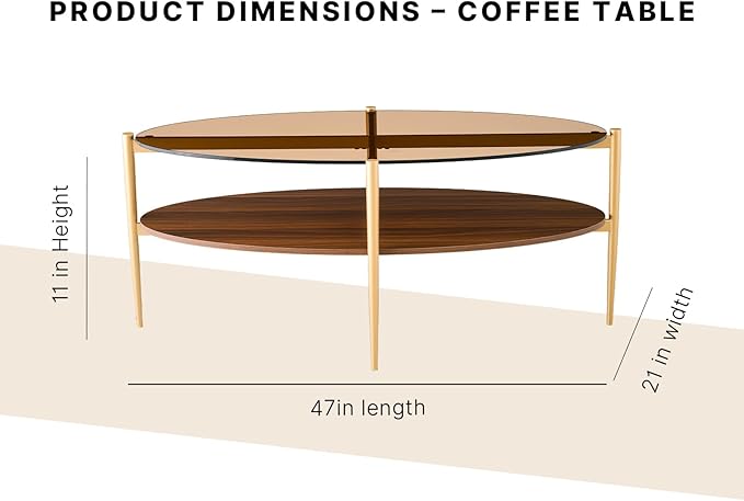 Shrine Oval Coffee Table, Mid-Century Modern Design, 2-Tier Structure, Amber Glass Top and Walnut MDF Shelf, 47" D x 21" W x 17" H, Sleek Conical Metal Legs with Gold Finish