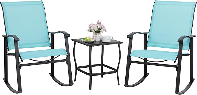 Shintenchi 3 Piece Rocking Bistro Set, Outdoor Furniture with Rocker Chairs and Glass Coffee Table Set of 3, Balcony, Porch Furniture for Small Space, Blue