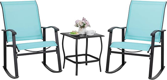 Shintenchi 3 Piece Rocking Bistro Set, Outdoor Furniture with Rocker Chairs and Glass Coffee Table Set of 3, Balcony, Porch Furniture for Small Space, Blue