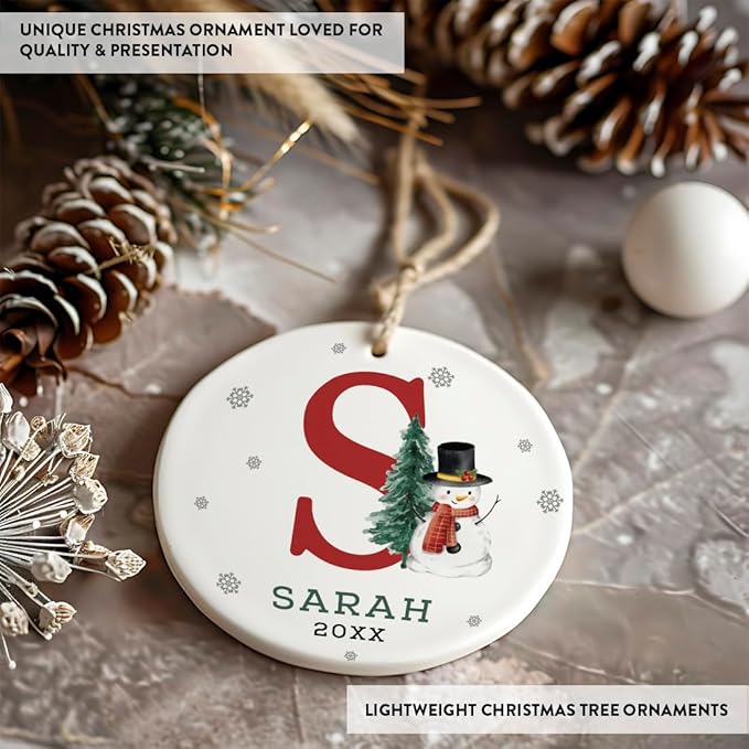 Andaz Press Personalized Ornament, Custom Name, Initial S Monogram Snowman 2.8" Ceramic Porcelain 2025 Christmas Ornament Keepsake for Kids, Boys, Girls, Includes Gold Ribbon & Gift Box, 1-Pack