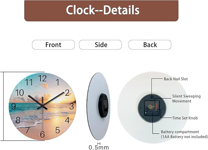 Blue Wall Clock Silent Glass Beach Wall Clock for Living Room Large Wall Clocks Battery Operated 20 Inch