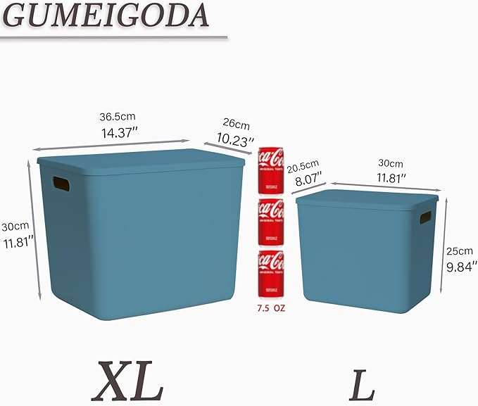 Plastic Storage Bins with lids,Storage Baskets,Container with handle,Storage Organizer Bins for Shelves,Office,Bedrooms,Closets, Cabinets (Blue, 5XL+2L)