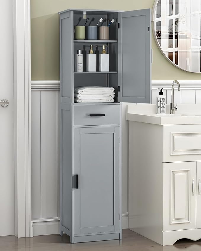 usikey 67“ Tall Bathroom Cabinet, Storage Cabinet with 4 Shelves & 2 Doors, Narrow Storage Cabinet for Bathroom, Living Room, Home Office, Greige