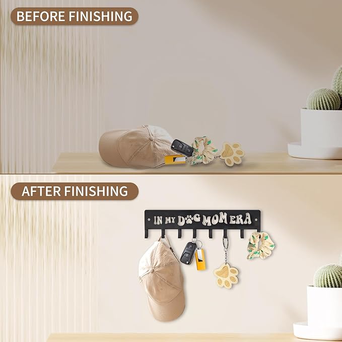 Black Modern Key Holder, 8 Hooks, 11.8x2.56 Inch, Iron, Wall Mount, Dog Leash Holder, Gifts for Dog Lovers