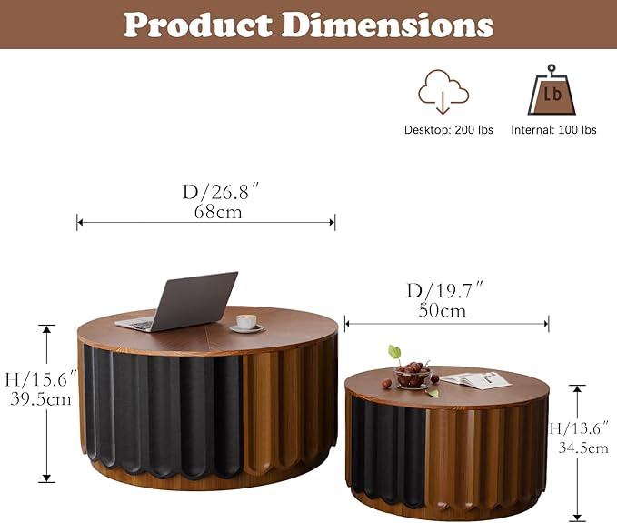 Nesting Coffee Table Set of 2 Modern Round Coffee Table with Non-Slip Feet, Wooden Circle Accent Tables Contemporary Drum Side Table End Table for Living Room Bedroom (Brown 26.8"+19.7")