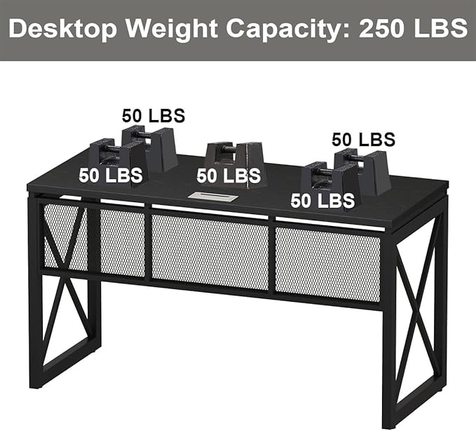 BON AUGURE Black Computer Desk, Modern Gaming Desk, Industrial Wood Office Desks, Sturdy Writing Desks for Home Office, Living Room, Study Workstation, Bedroom (Black, 54 Inch)