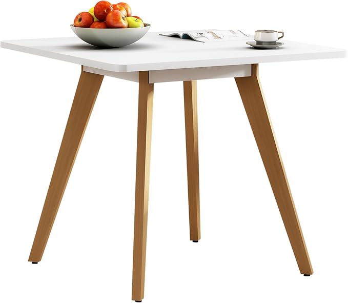 27.6" Square Dining Table for 2-4 Person - Small Kitchen Table with Soild Wood Legs Mid Century Modern Table for Dinning Room, Kitchen,Small Speace (White)