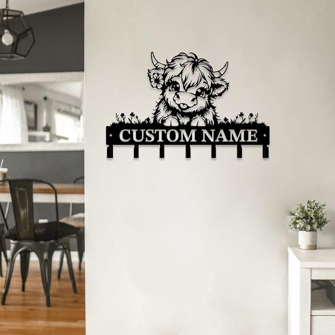 Personalized Highland Cow Metal Keys Hooks,Custom Name Metal Highland Cow Keys Hooks,Black Metal Highland Cow Wall Home Storage Decorative Keys Hooks,Key Holder Hooks for Wall (Style A)