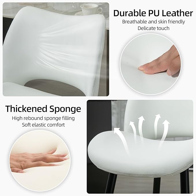 Modern Upholstered Dining Chairs Set of 2 Accent Dinner Chair with Pu Faux Leather and Middle Curved Back for Kitchen Living Room Bedroom (White)