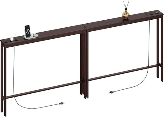 ELYKEN 2 Pack 5.9" Narrow Console Sofa Table with Power Outlets, 5.9" Dx39.4 Wx31.1 H Bamboo Behind Couch Table with Charge Station, Brown