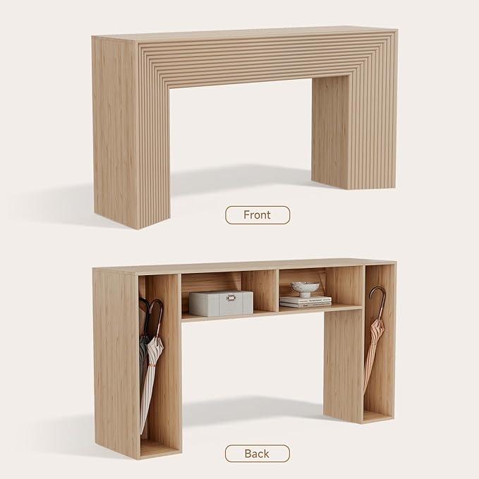 55-Inch Wood Entryway Table with Storage, Narrow Long Sofa Table Behind Couch, Fluted Console Table for Entryway, Hallway, Living Room, Accent Table for Decoration and Organization, Natural Wood