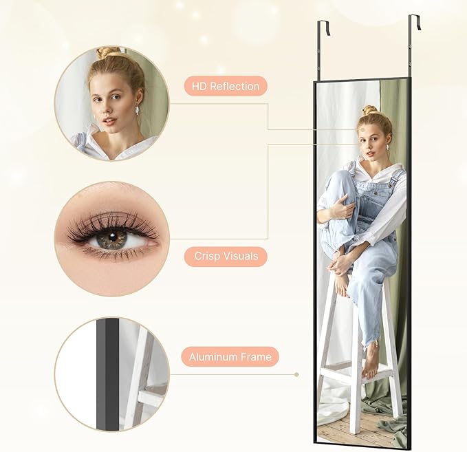 Kosmonia 48x14 Inch Full Length Tempered Glass Door Mirror - Over The Door Hanging, No Drill Installation, Suitable for Bedroom & Closet, Sturdy Hanging Design