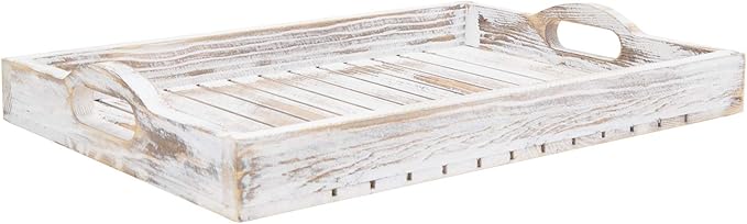 MyGift Shabby Chic Whitewashed Wood Breakfast Serving Tray with Cutout Handles with Slatted Design, Breakfast Ottoman Coffee Table Tray, 16 x 11 Inches