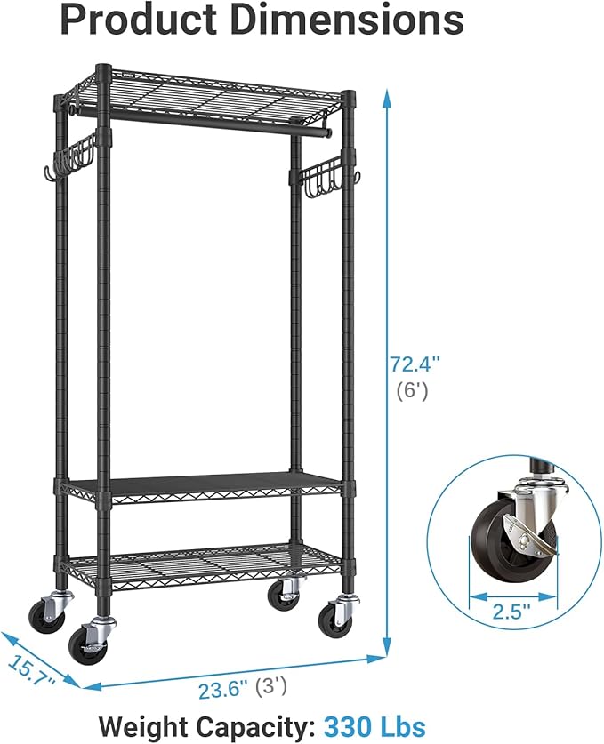 VIPEK R3 Medium Rolling Clothes Racks with Lockable Wheels, Heavy Duty Garment Rack with Adjustable Shelves & Hanging Rod & Side Hooks, Compact Space-Saving Storage for Small Apartments/Dorms (Black)