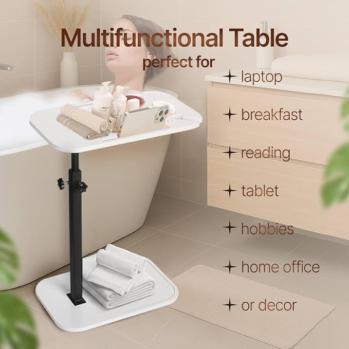 DAVIDOK C-Shaped Sofa End Table, Adjustable Height Couch Side Table with Device Slot, White Color with Black Metal Stand, Couch Table for Living Room, Bedroom