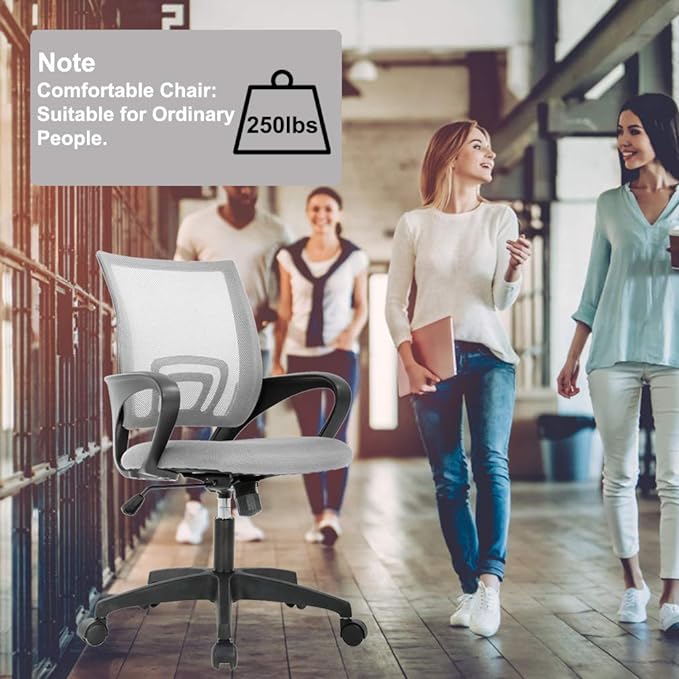 BestOffice | Ergonomic Office Chair | Mid-Back Swivel Desk Chair | Breathable Backrest & Lumbar Support | Adjustable Height | Sponge Seat | Rolling Wheels | Grey | for Adults & Women
