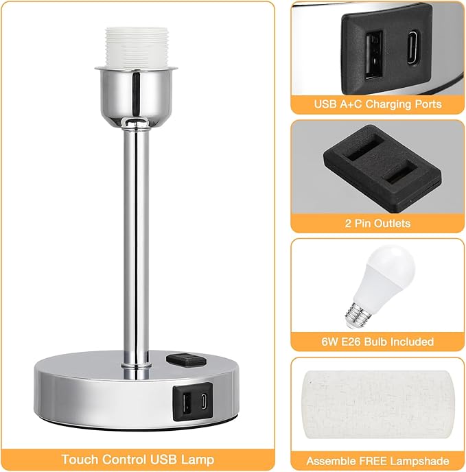 17.4Inch Bedside Touch Table Lamps for Bedroom Nightstand with USB-C USB-A Charging Ports White - 3 Way Dimmable Control Small Lamp Fabric Shade Silver Base for Office, Dorm Room, Living Room, Reading