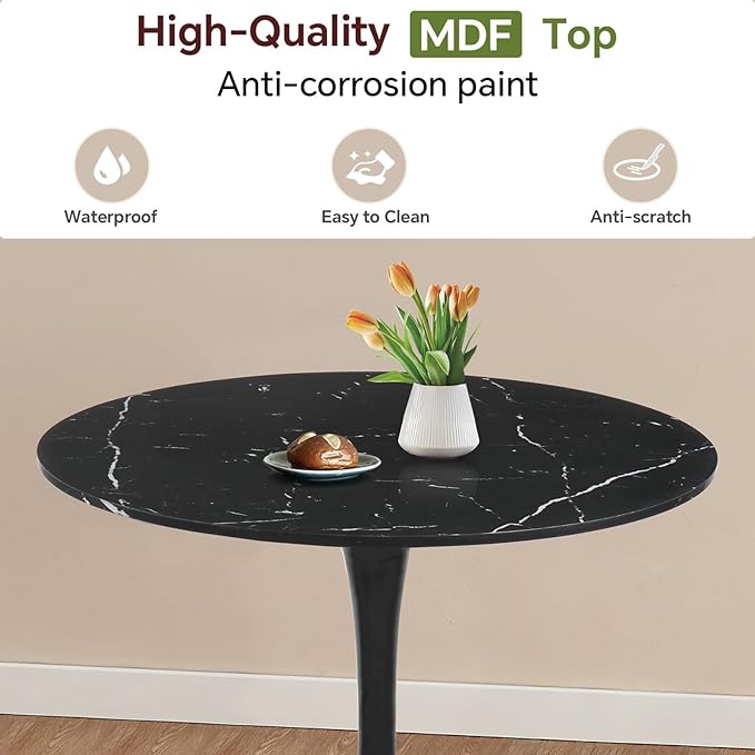 Small Space 31.5 Inch Black Faux Marble Round Tulip Dining Table - Mid Century Pedestal Base Kitchen Table for 2-4 People - Easy Assembly & Easy to Clean
