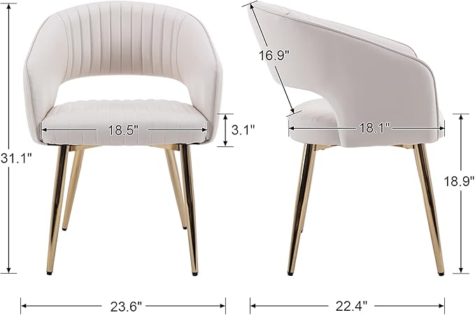 Modern Dining Chairs Set of 8, Upholstered PU Leather Gold Dining Room Chairs with Hollow Back, Accent Armrest Kitchen Chairs with Gold Legs for Living Room Cream