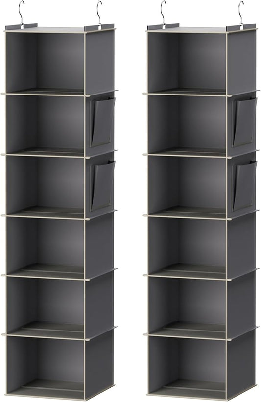 YOUDENOVA Hanging Closet Organizer, 6-Shelf Closet Hanging Storage Shelves, 2 Packs, Grey