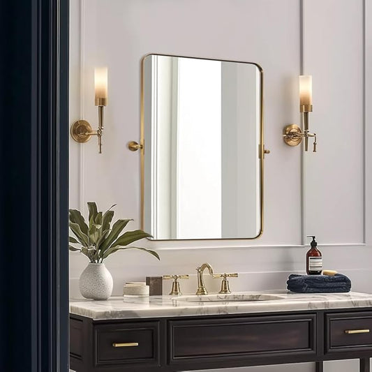 ANDY STAR 22"x34" Brushed Gold Pivot Mirror for Bathroom, Brass Metal Frame Bathroom Mirrors for Wall，Rectangle Titling Vanity Wall Mirror with Rounded Corner Design Hangs Vertically Only